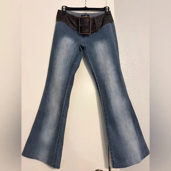 Angels Blue Flare Jeans with Brown Faux-Leather Waistband - Picture 2 of 12